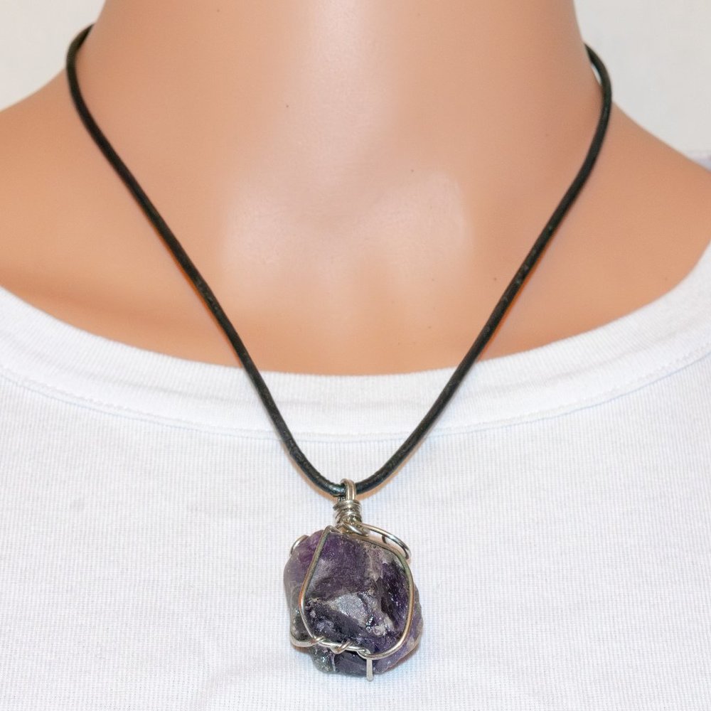 Wire-Wrapped Raw Amethyst Stone Pendant on Leather Cord